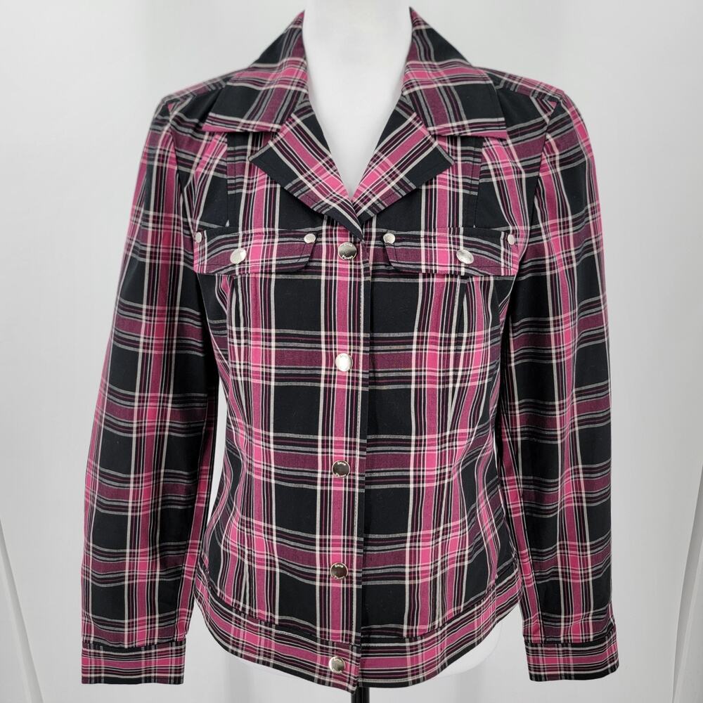 Evan Picone Shirt Jacket Womens Small Snap Button Shacket Pink Black White Plaid